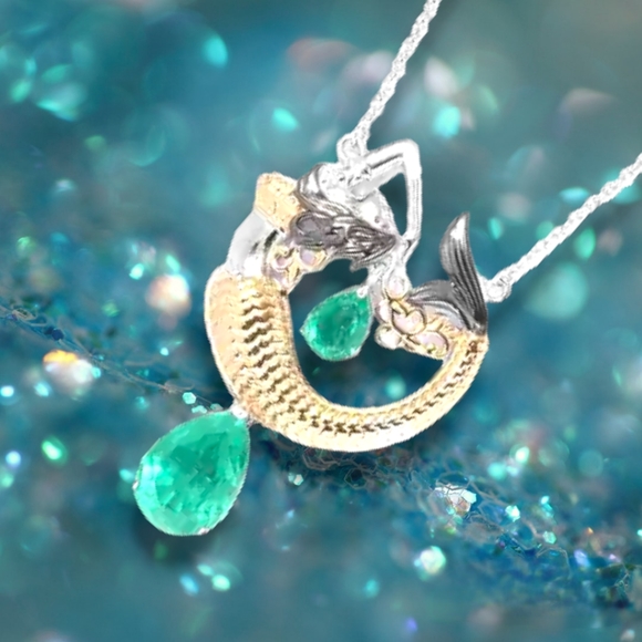 NWT ONE OF A KIND EMERALDINE QUARTZ MERMAID NECKLACE 14KYG OVER STERLING SILVER - Picture 2 of 6